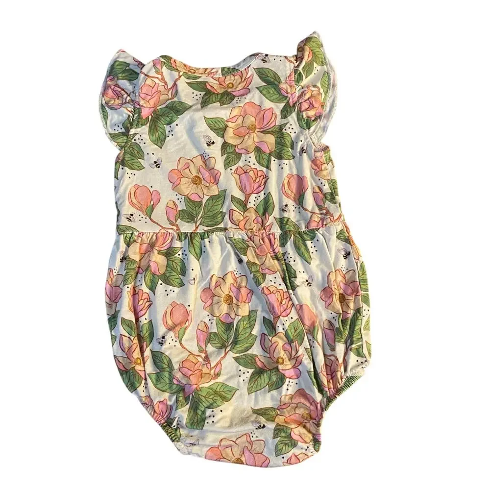 Goosies blush floral bee bamboo short ruffle sleeve bubble romper‎ SIZE 3-6M